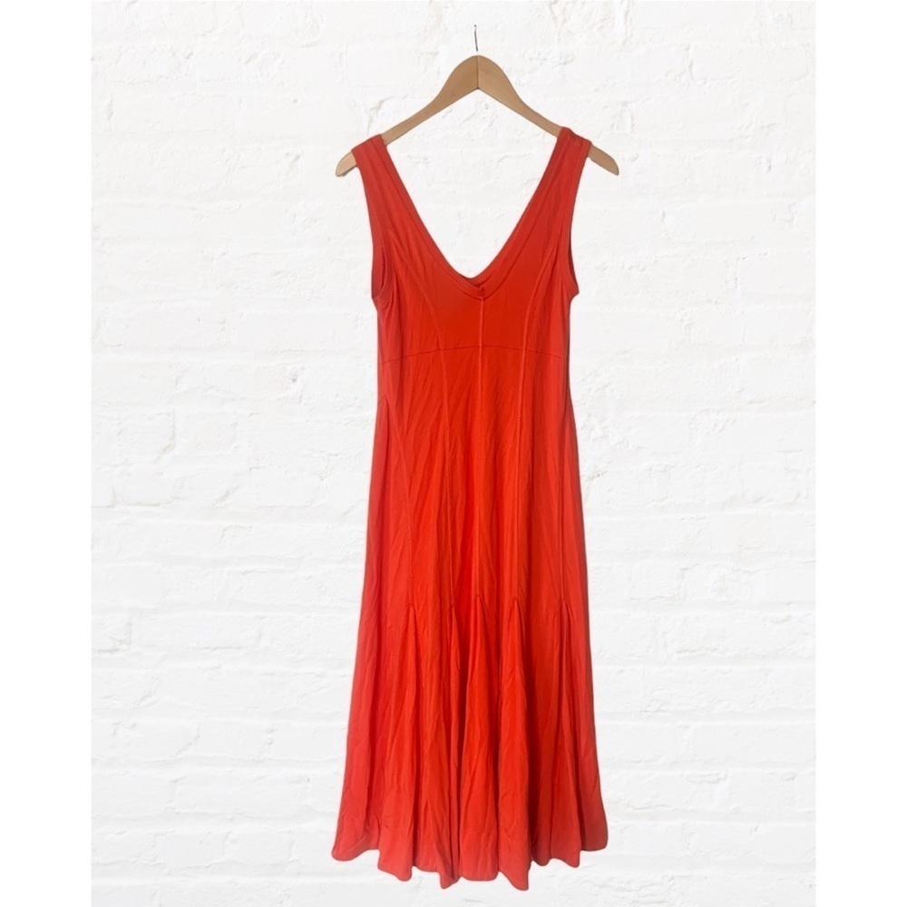 Anthropologie Maeve Abroad Orange V Neck Midi Dress with Trumpet Flared Hem - Picture 6 of 8
